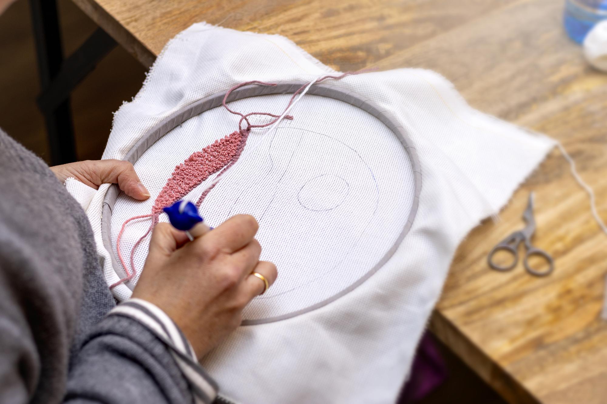 close-up of hand embroidery threads and hoop